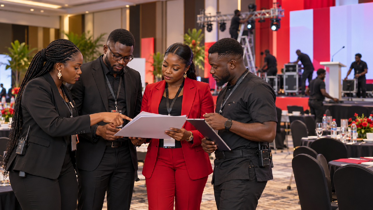 A Ghanaian event management team reviews the programme inside a modern event venue
