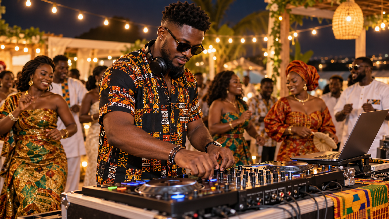 A Ghanaian DJ performs for guests at a stylish evening celebration