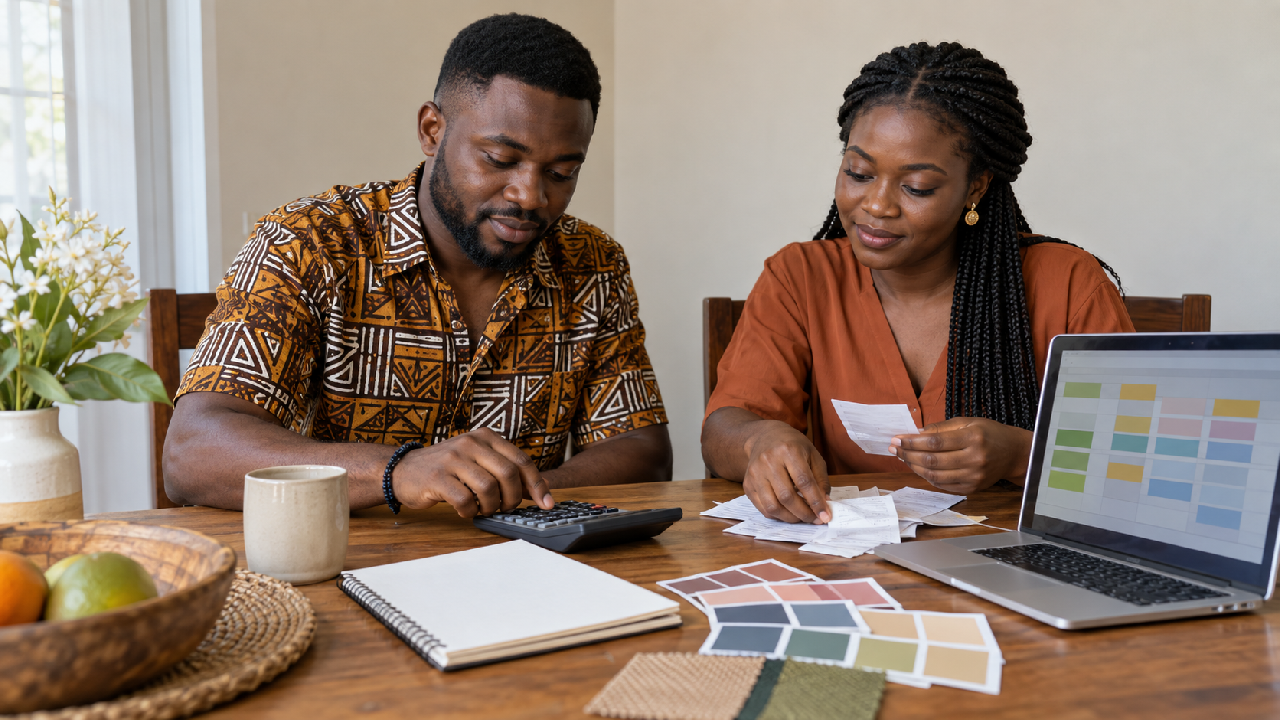 Two Ghanaian event hosts organise receipts and calculate an event budget