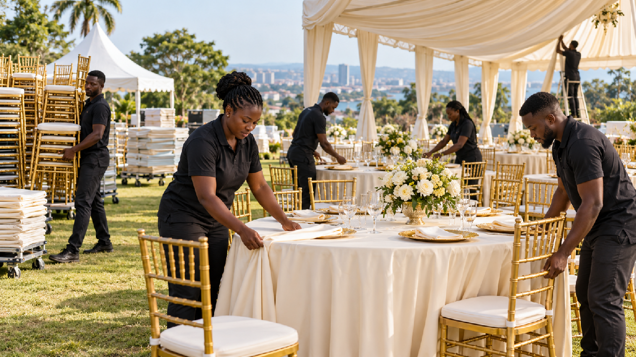 A Ghanaian event rental team sets up chairs, tables and a marquee for an outdoor celebration