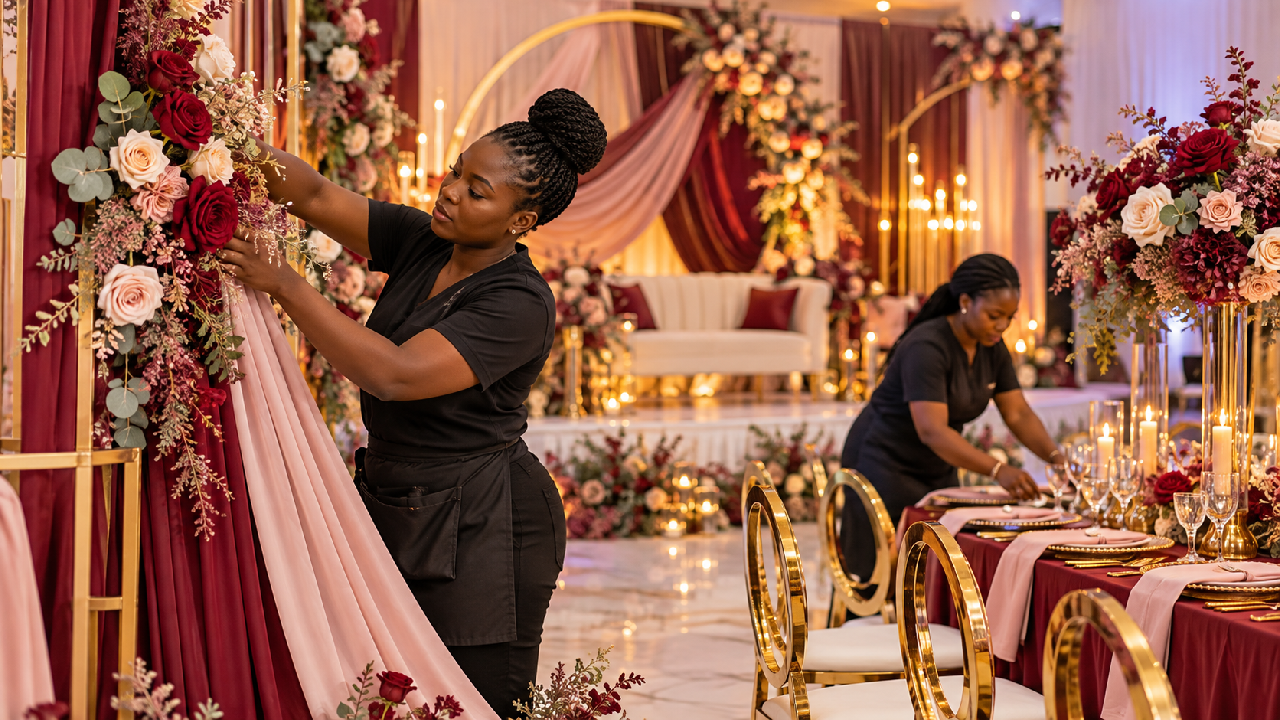 A Ghanaian event decorator styles flowers and fabric at an elegant reception