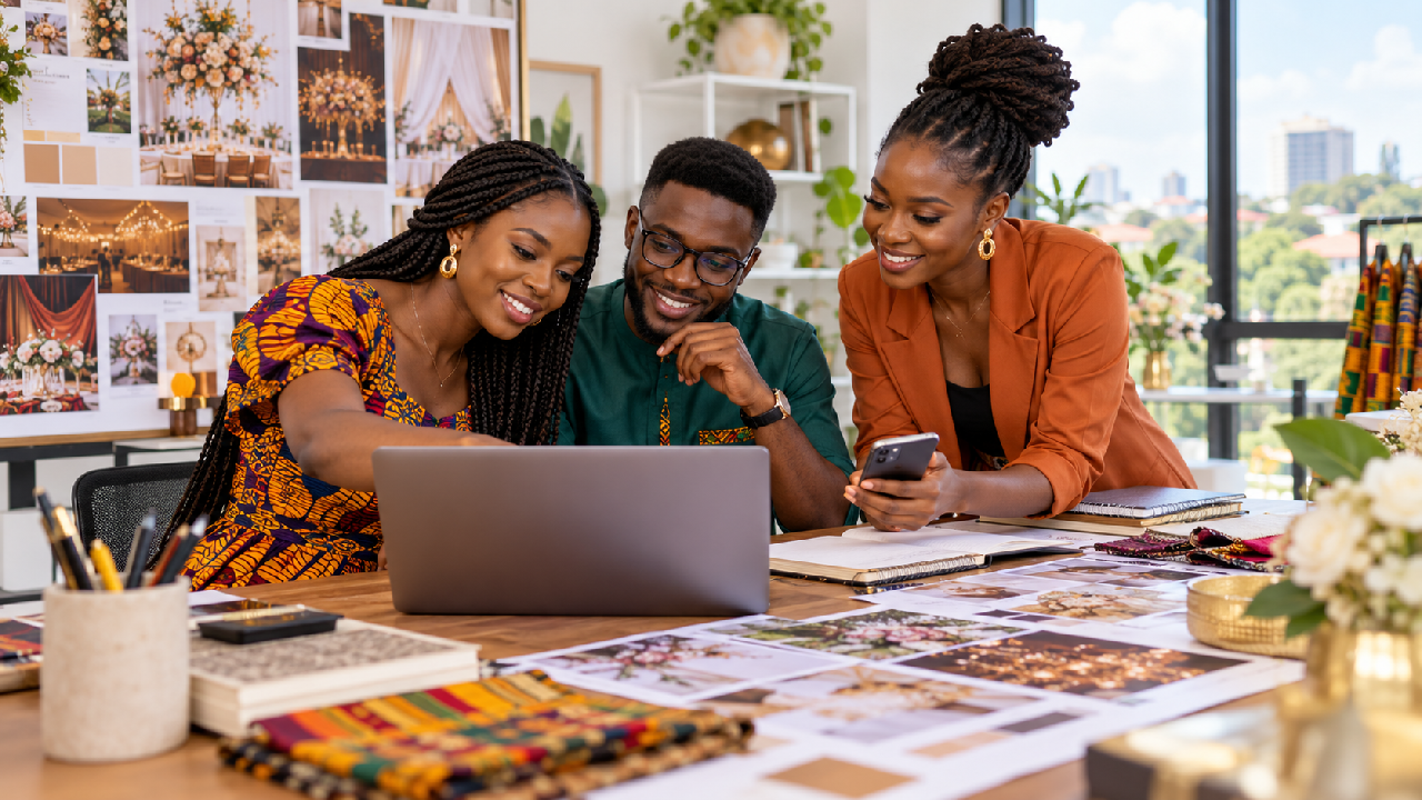 Ghanaian event professionals compare planning options together on a laptop
