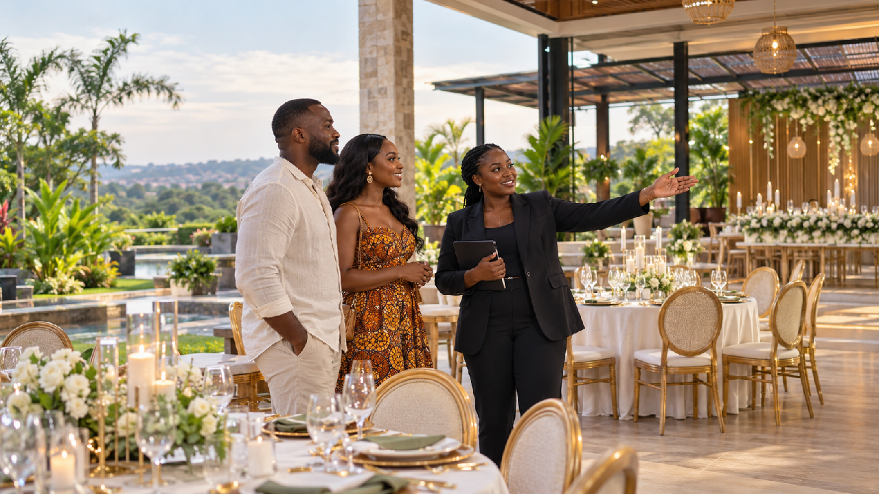 A Ghanaian couple tours a modern wedding venue with the venue coordinator