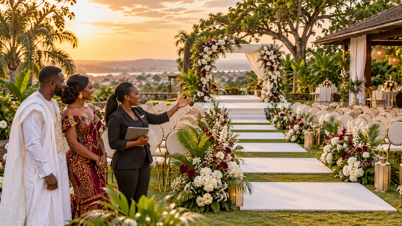 A Ghanaian couple views a landscaped outdoor wedding venue with its coordinator